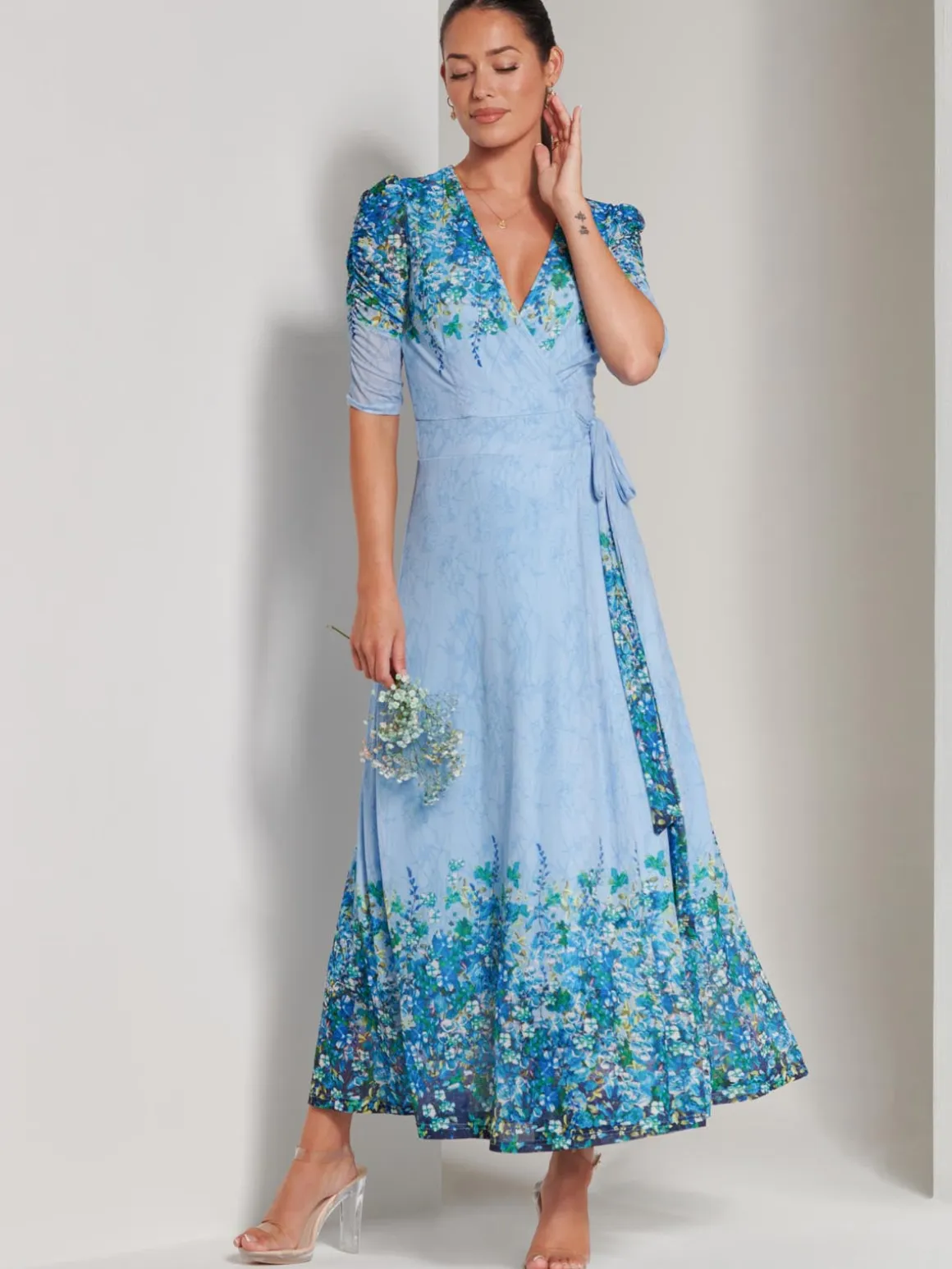 Peggy Ruched Sleeve Wrap Mesh Maxi Dress, Blue Multi