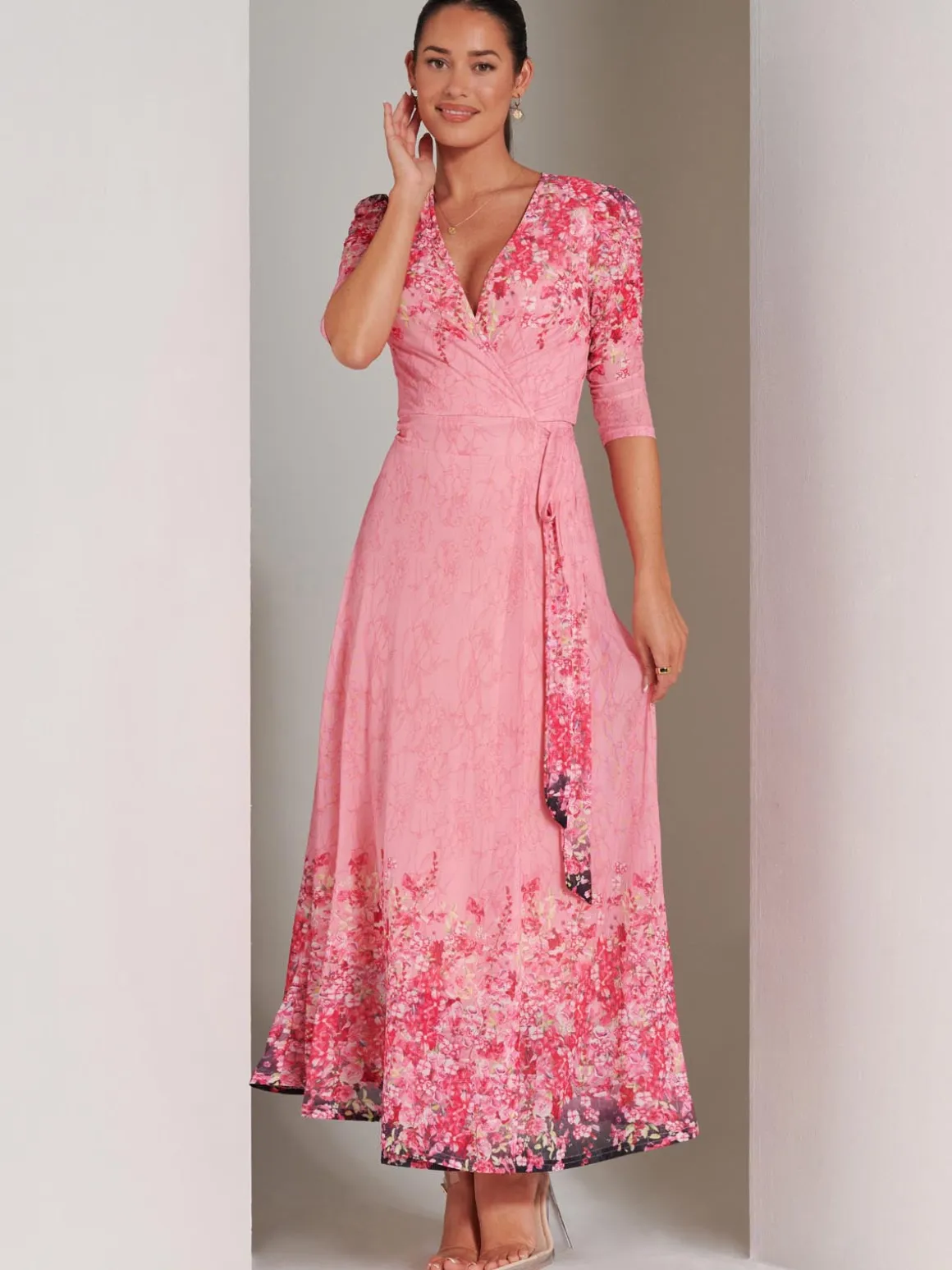 Peggy Ruched Sleeve Wrap Mesh Maxi Dress, Pink Multi