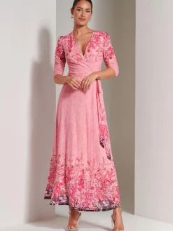 Peggy Ruched Sleeve Wrap Mesh Maxi Dress, Pink Multi