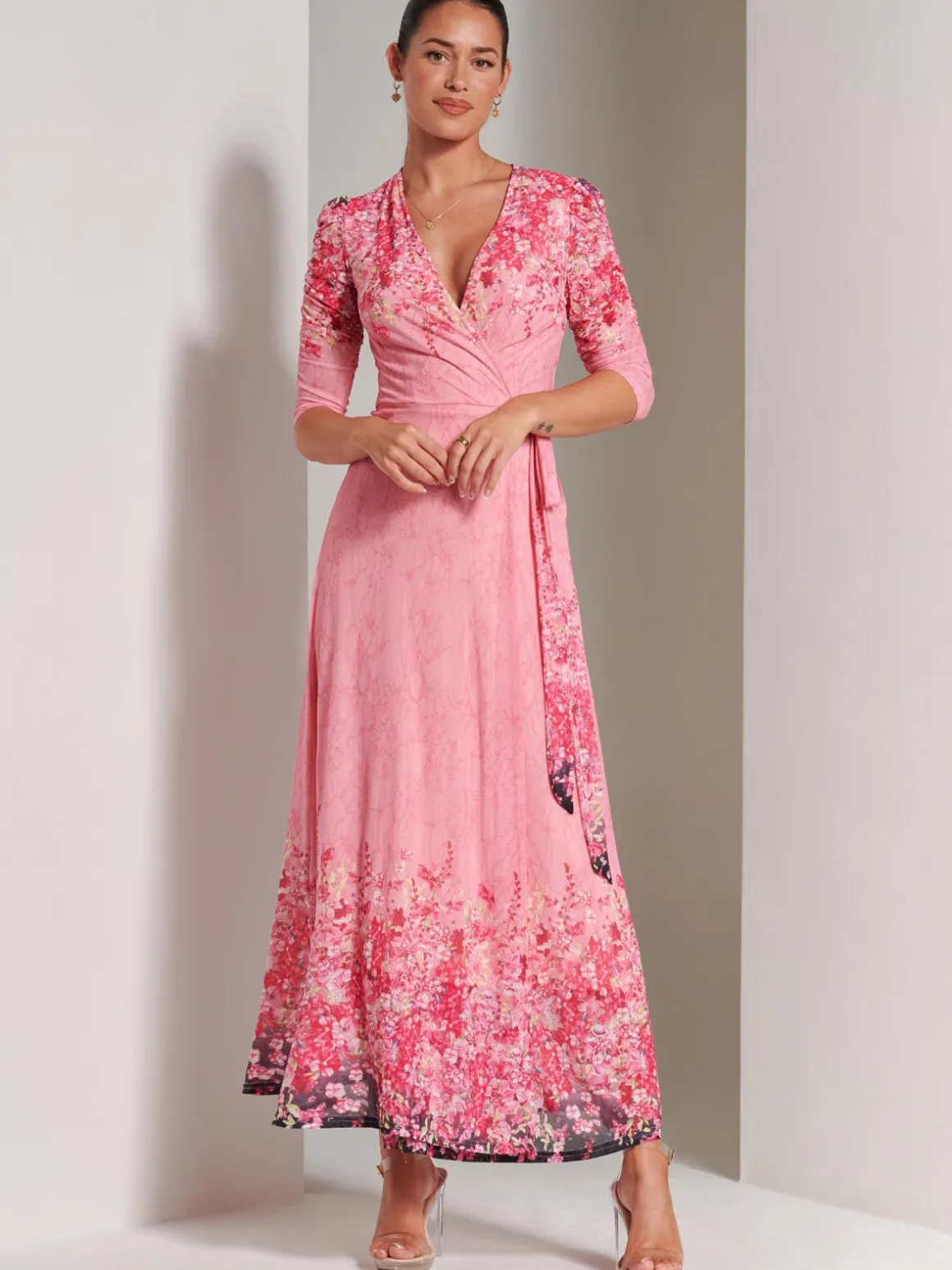Peggy Ruched Sleeve Wrap Mesh Maxi Dress, Pink Multi