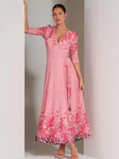 Peggy Ruched Sleeve Wrap Mesh Maxi Dress, Pink Multi