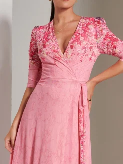 Peggy Ruched Sleeve Wrap Mesh Maxi Dress, Pink Multi