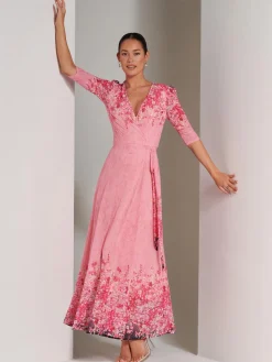 Peggy Ruched Sleeve Wrap Mesh Maxi Dress, Pink Multi