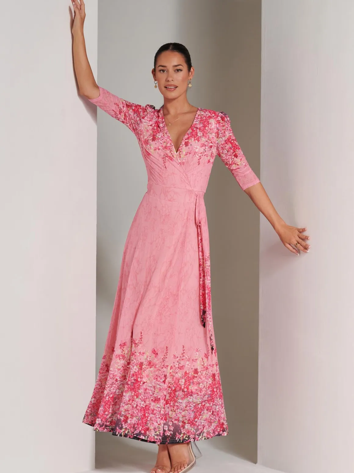 Peggy Ruched Sleeve Wrap Mesh Maxi Dress, Pink Multi