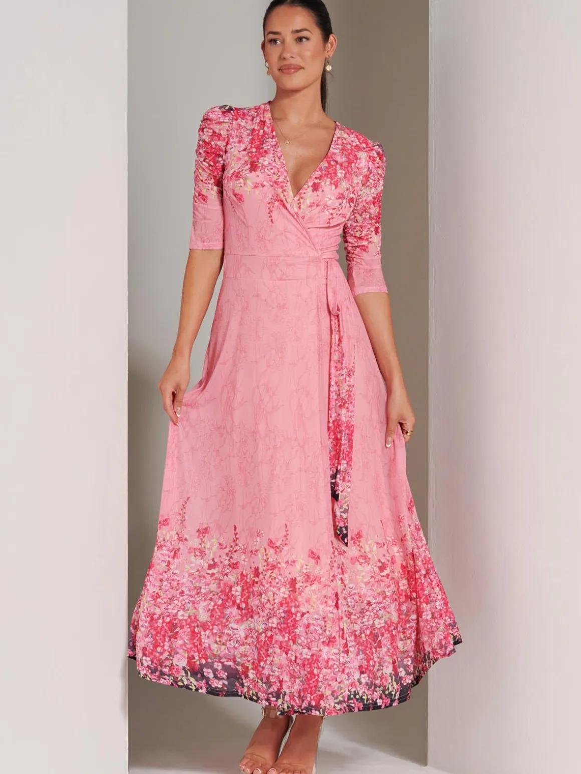 Peggy Ruched Sleeve Wrap Mesh Maxi Dress, Pink Multi