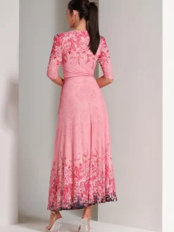 Peggy Ruched Sleeve Wrap Mesh Maxi Dress, Pink Multi