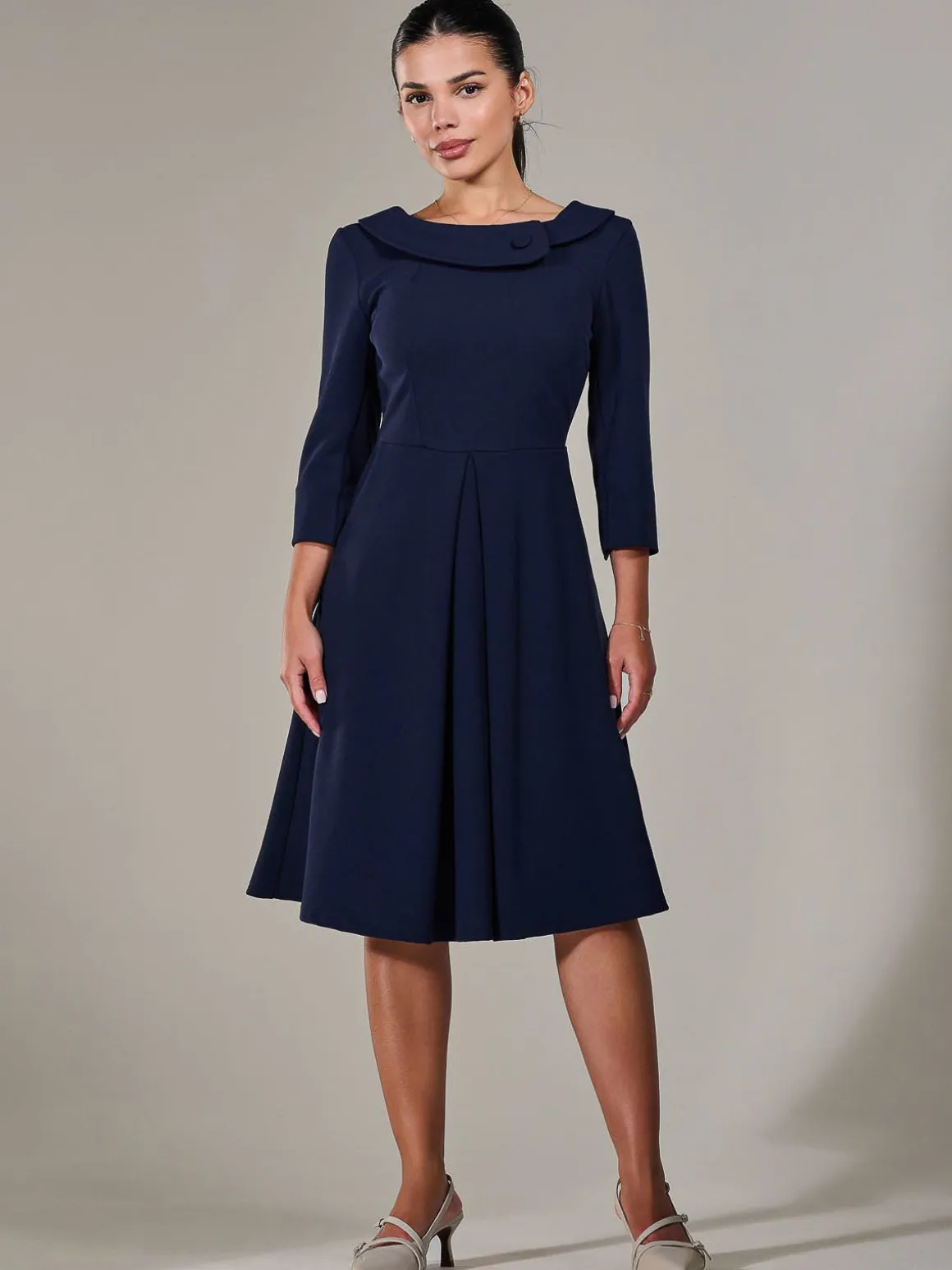 Petite Button Collar Dress, Navy