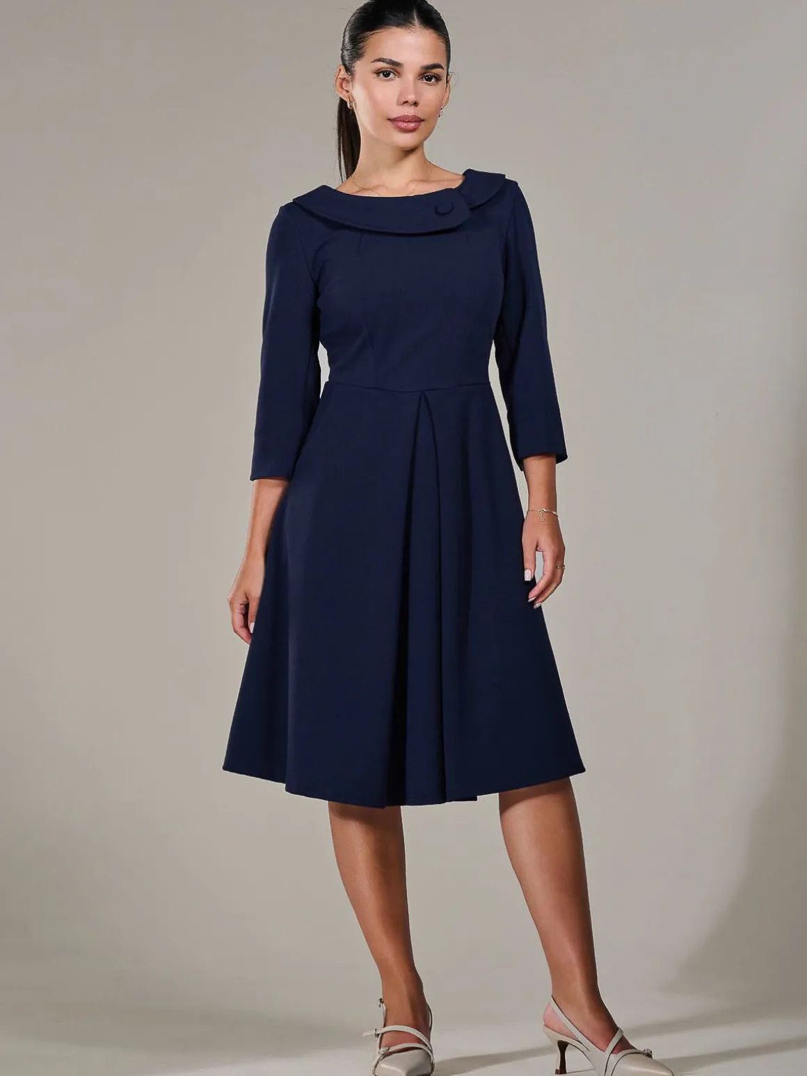 Petite Button Collar Dress, Navy