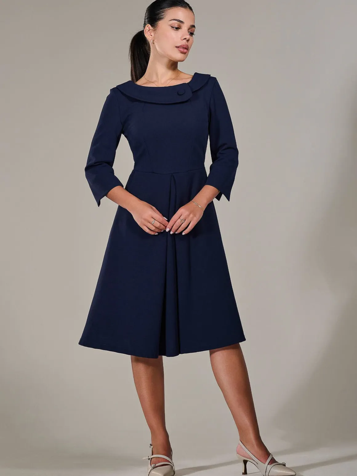 Petite Button Collar Dress, Navy