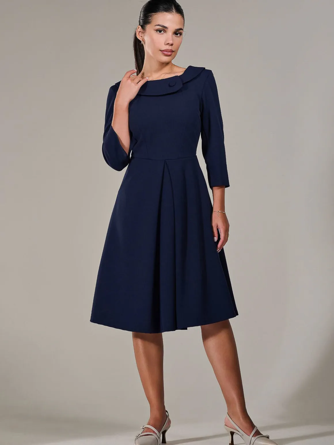 Petite Button Collar Dress, Navy