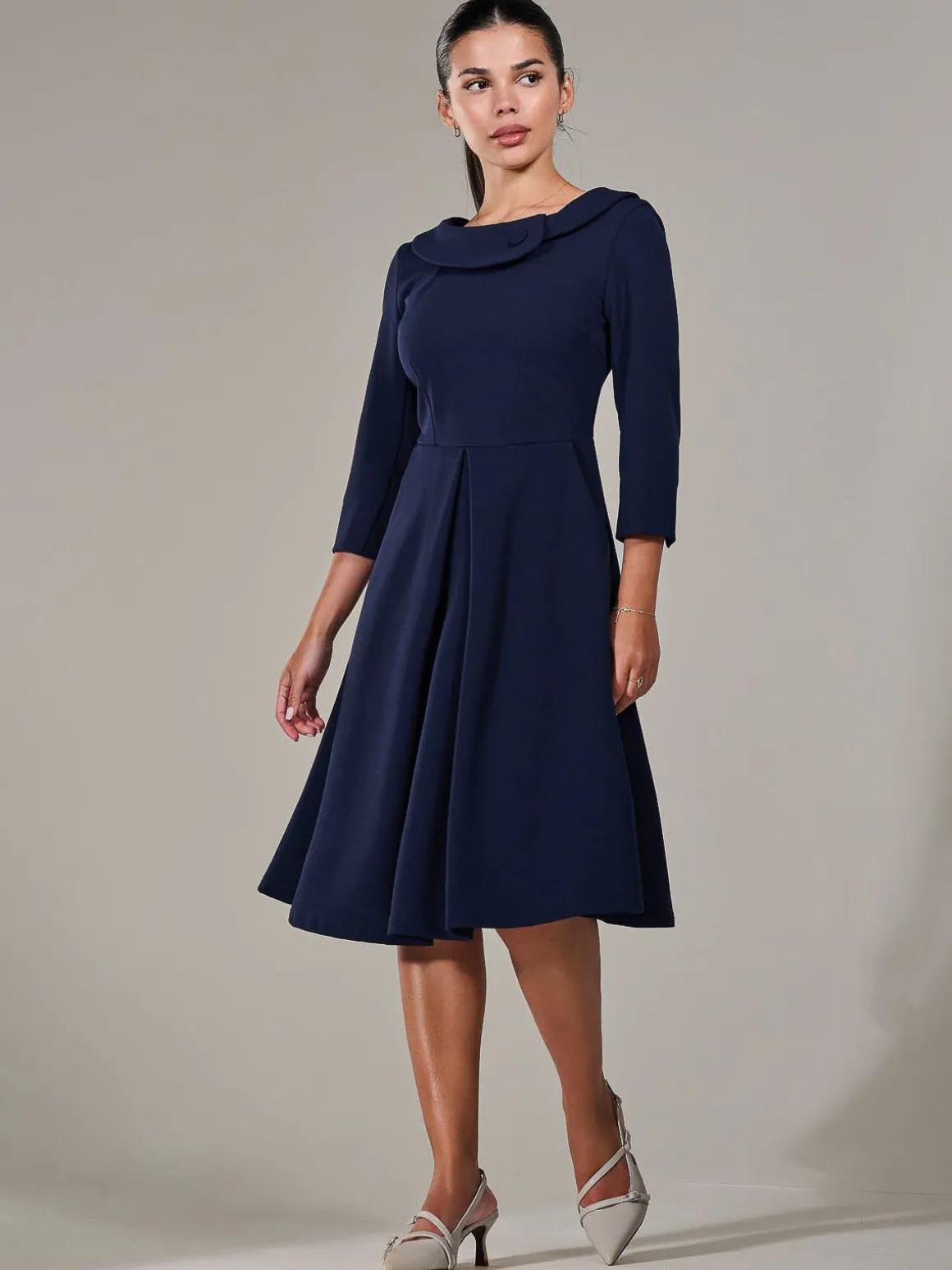 Petite Button Collar Dress, Navy