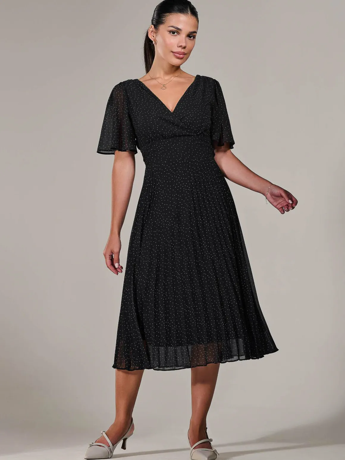 Petite Chiffon Pleated Midaxi Dress, Black Polka Dots