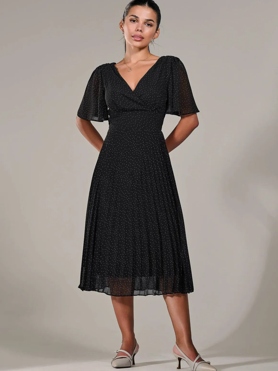 Petite Chiffon Pleated Midaxi Dress, Black Polka Dots