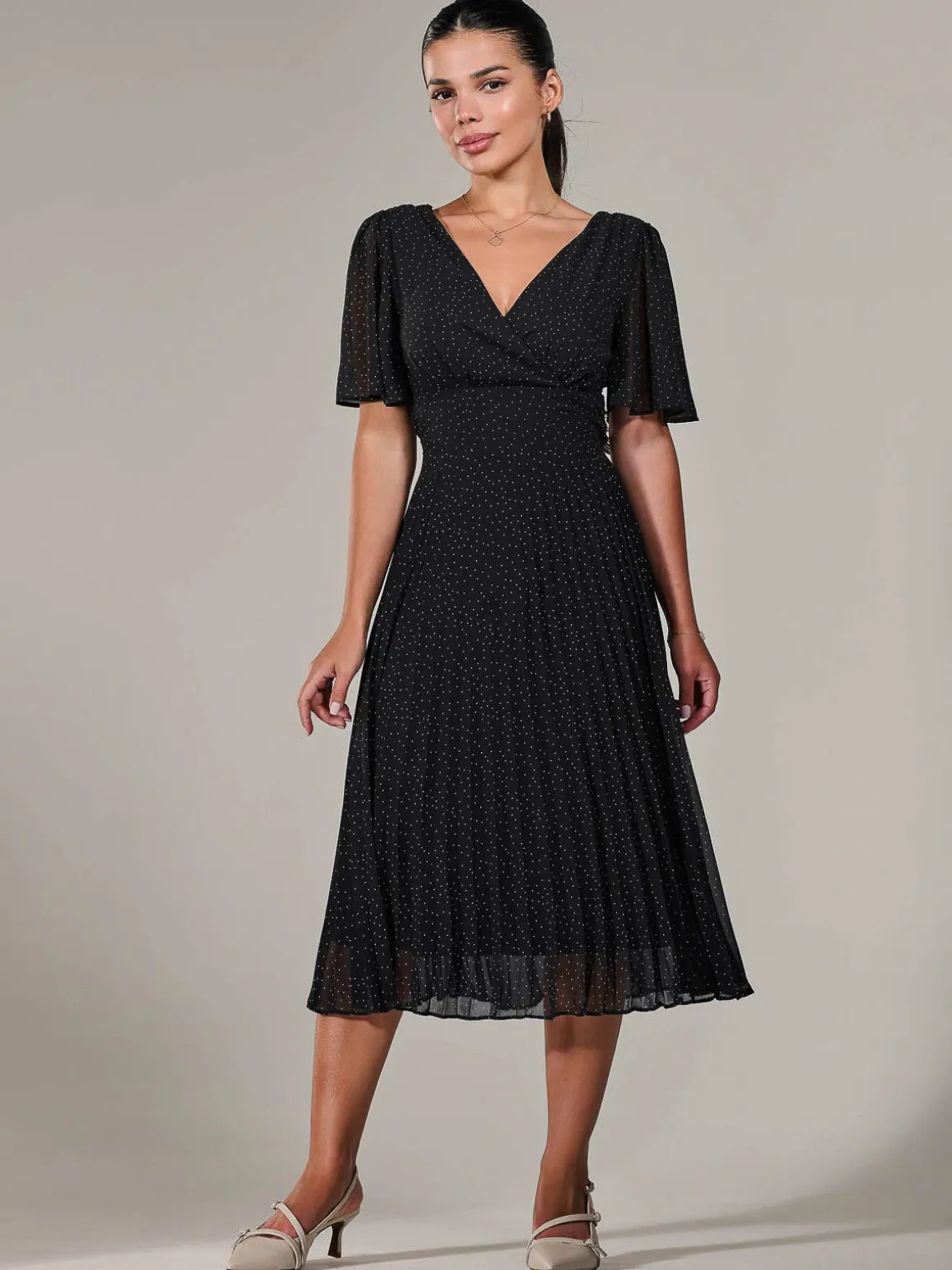 Petite Chiffon Pleated Midaxi Dress, Black Polka Dots