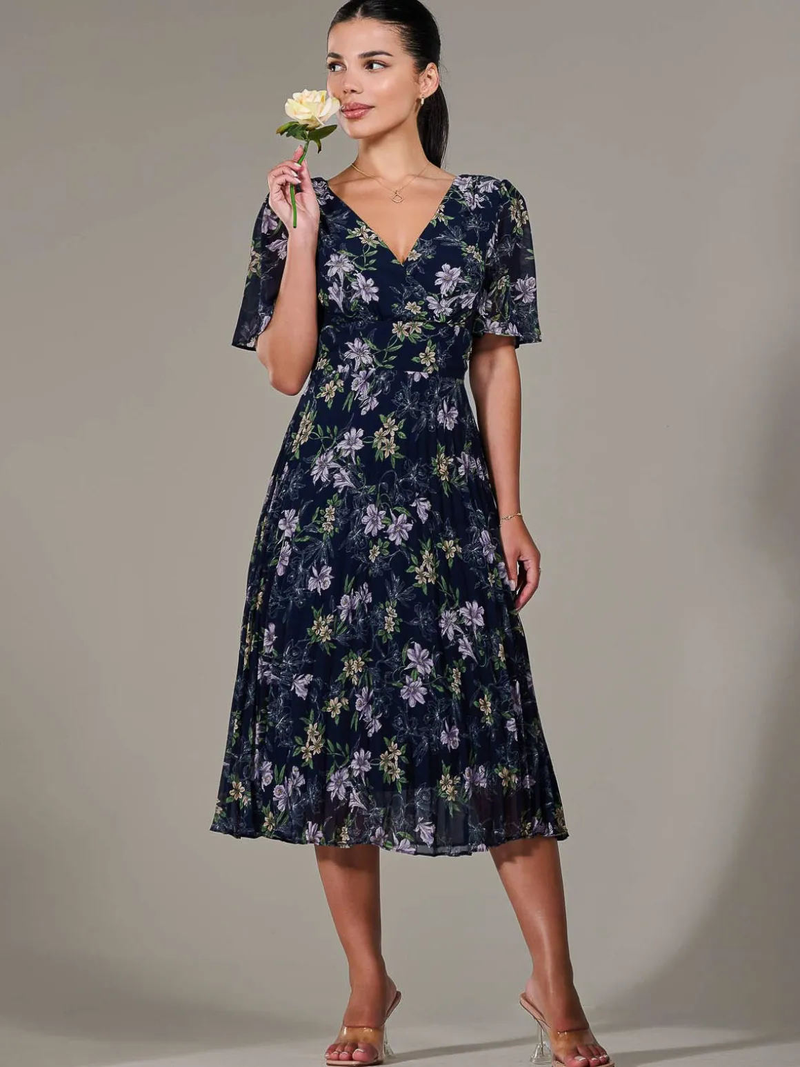 Petite Chiffon Pleated Midaxi Dress, Navy Floral