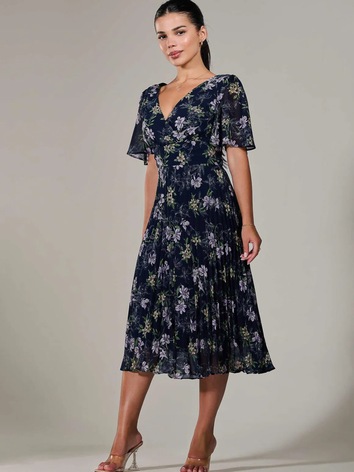 Petite Chiffon Pleated Midaxi Dress, Navy Floral