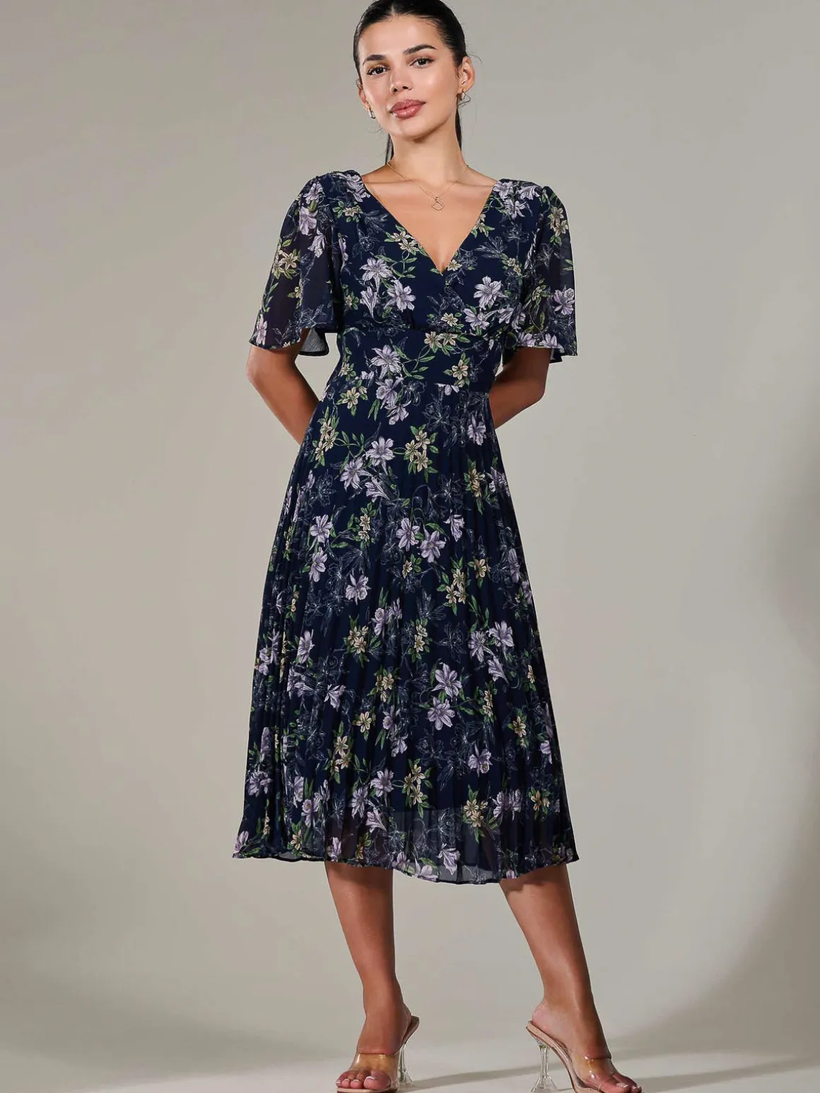 Petite Chiffon Pleated Midaxi Dress, Navy Floral