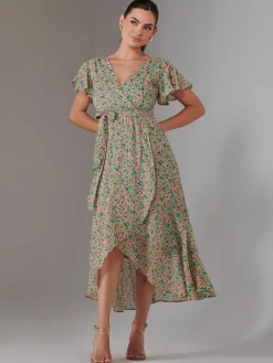 Petite High Low Midaxi Dress, Beige Multi