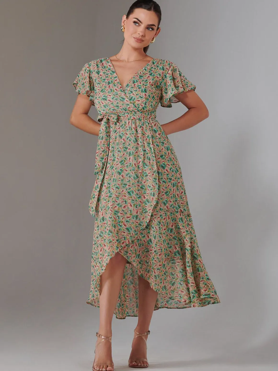 Petite High Low Midaxi Dress, Beige Multi