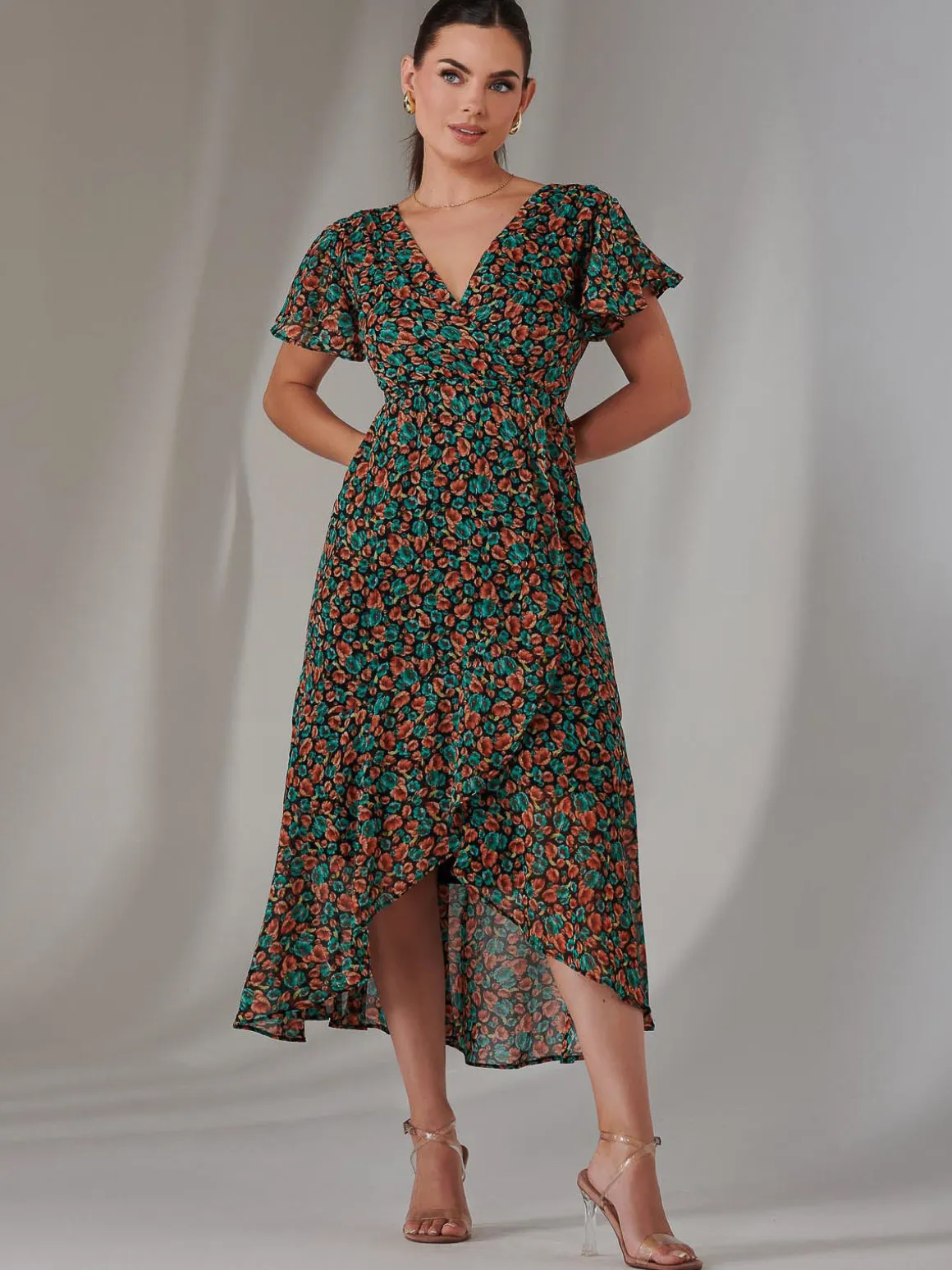 Petite High Low Midaxi Dress, Black Multi