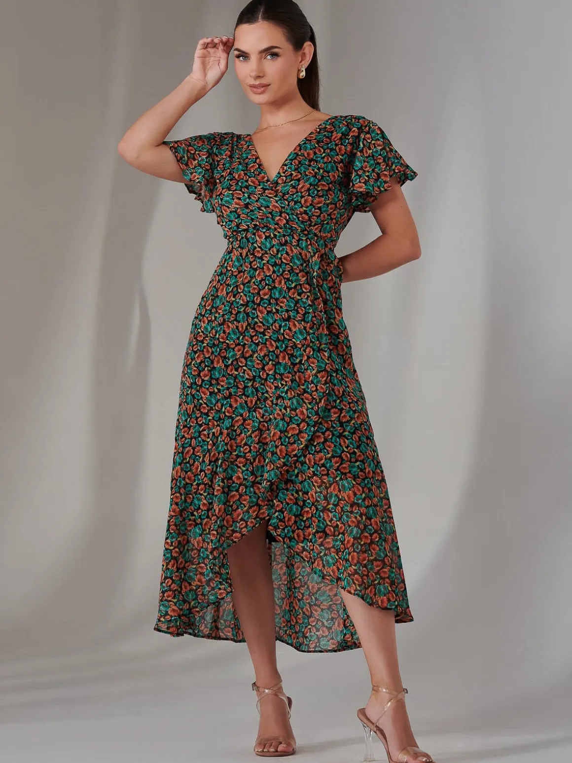 Petite High Low Midaxi Dress, Black Multi