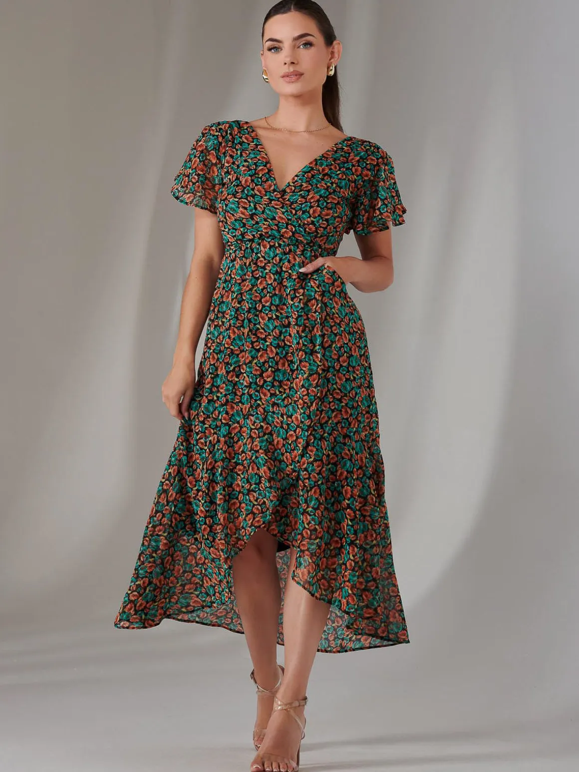 Petite High Low Midaxi Dress, Black Multi