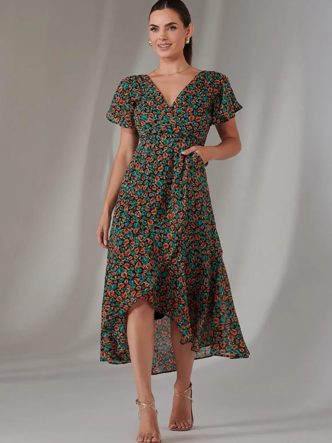 Petite High Low Midaxi Dress, Black Multi