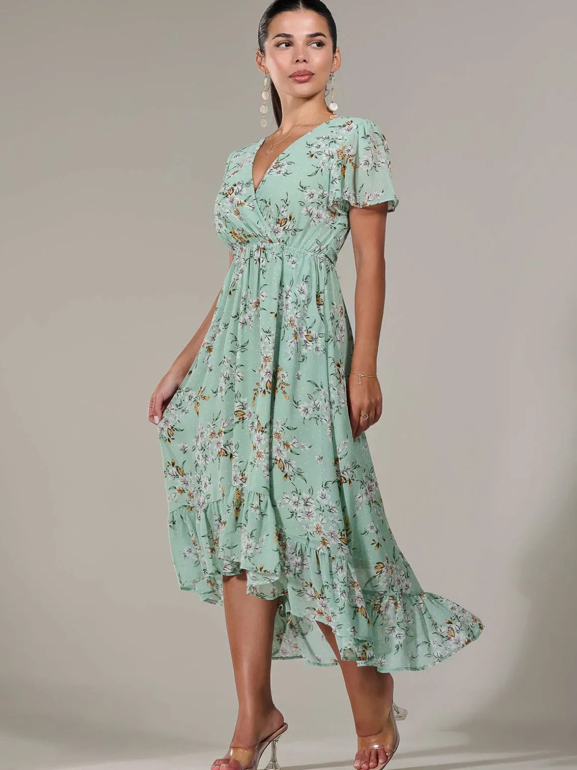 Petite High-Low Midaxi Dress, Green Floral