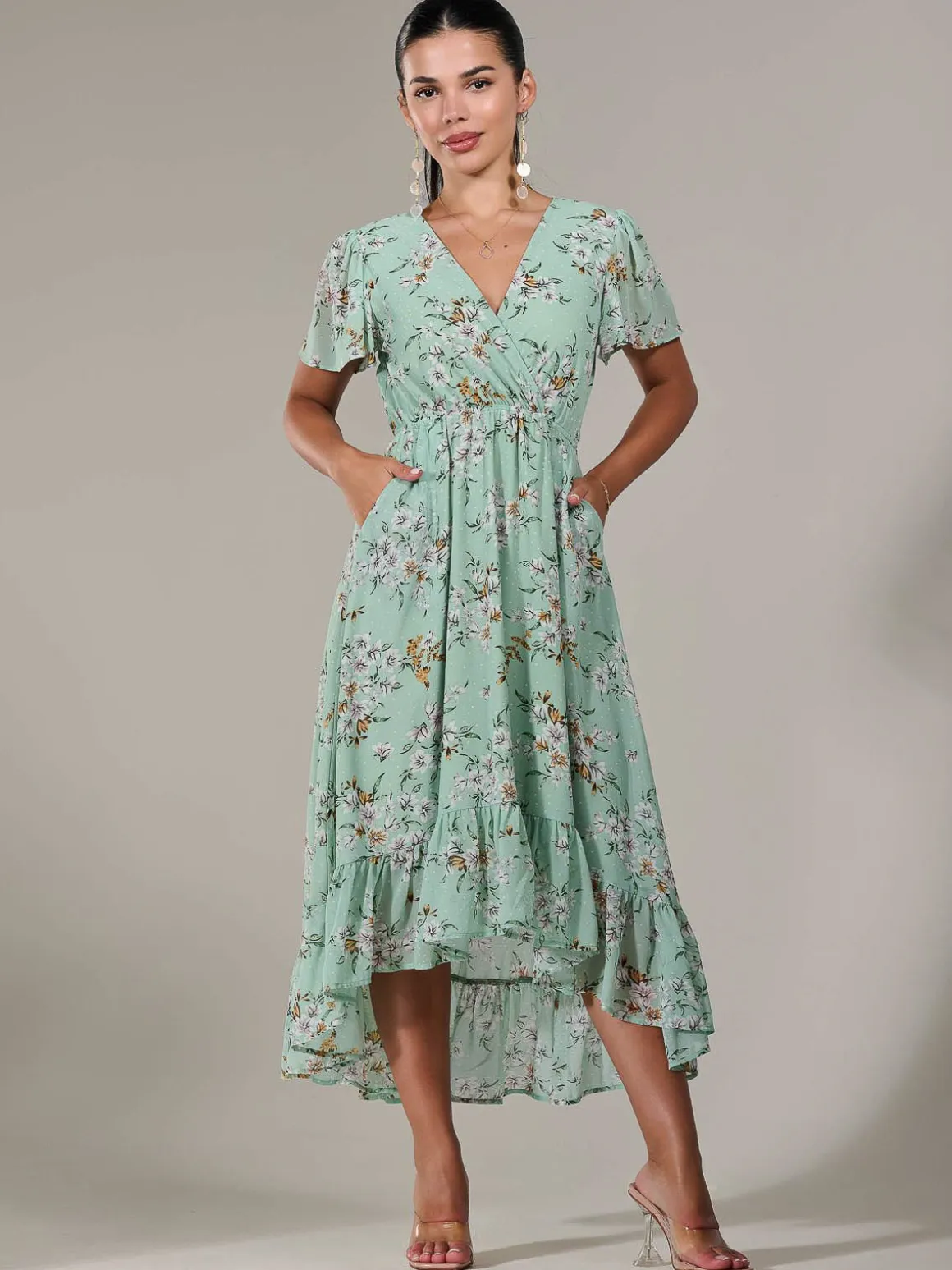 Petite High-Low Midaxi Dress, Green Floral