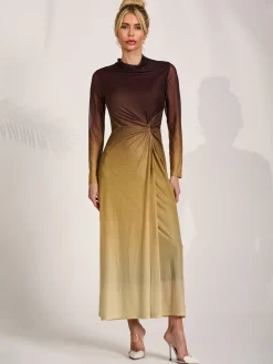 Petite Long Sleeve Mesh Maxi Dress, Brown Multi
