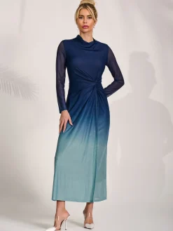 Petite Long Sleeve Mesh Maxi Dress, Green Multi