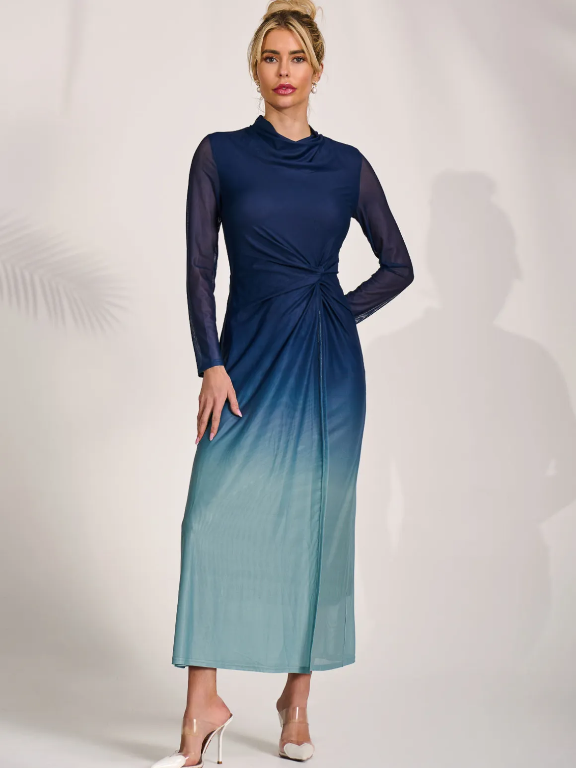 Petite Long Sleeve Mesh Maxi Dress, Green Multi