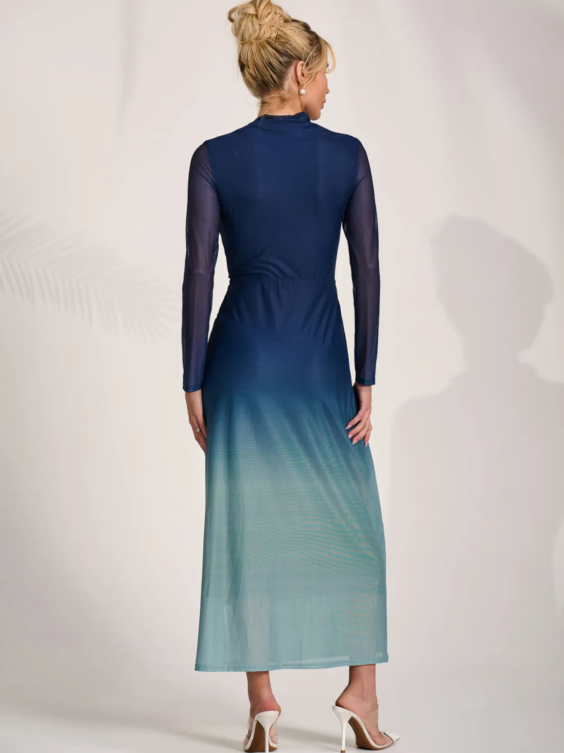 Petite Long Sleeve Mesh Maxi Dress, Green Multi