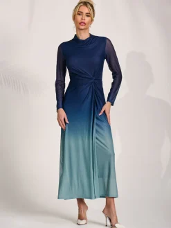 Petite Long Sleeve Mesh Maxi Dress, Green Multi