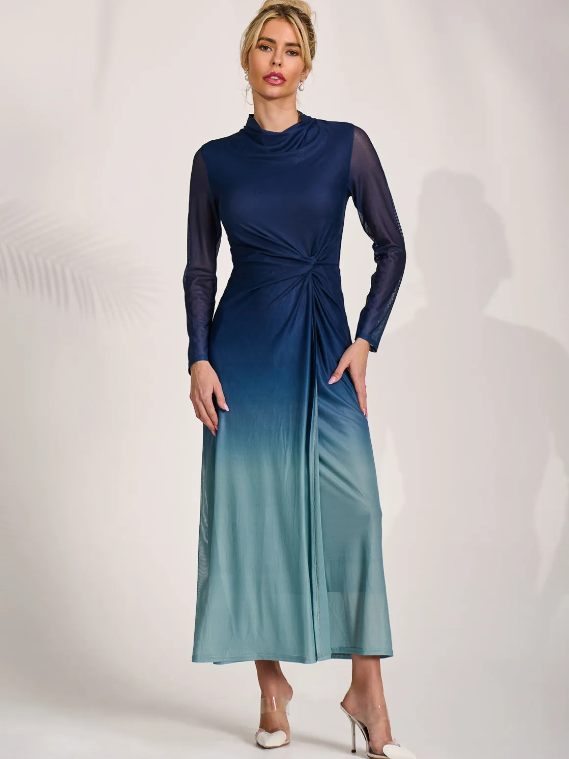 Petite Long Sleeve Mesh Maxi Dress, Green Multi