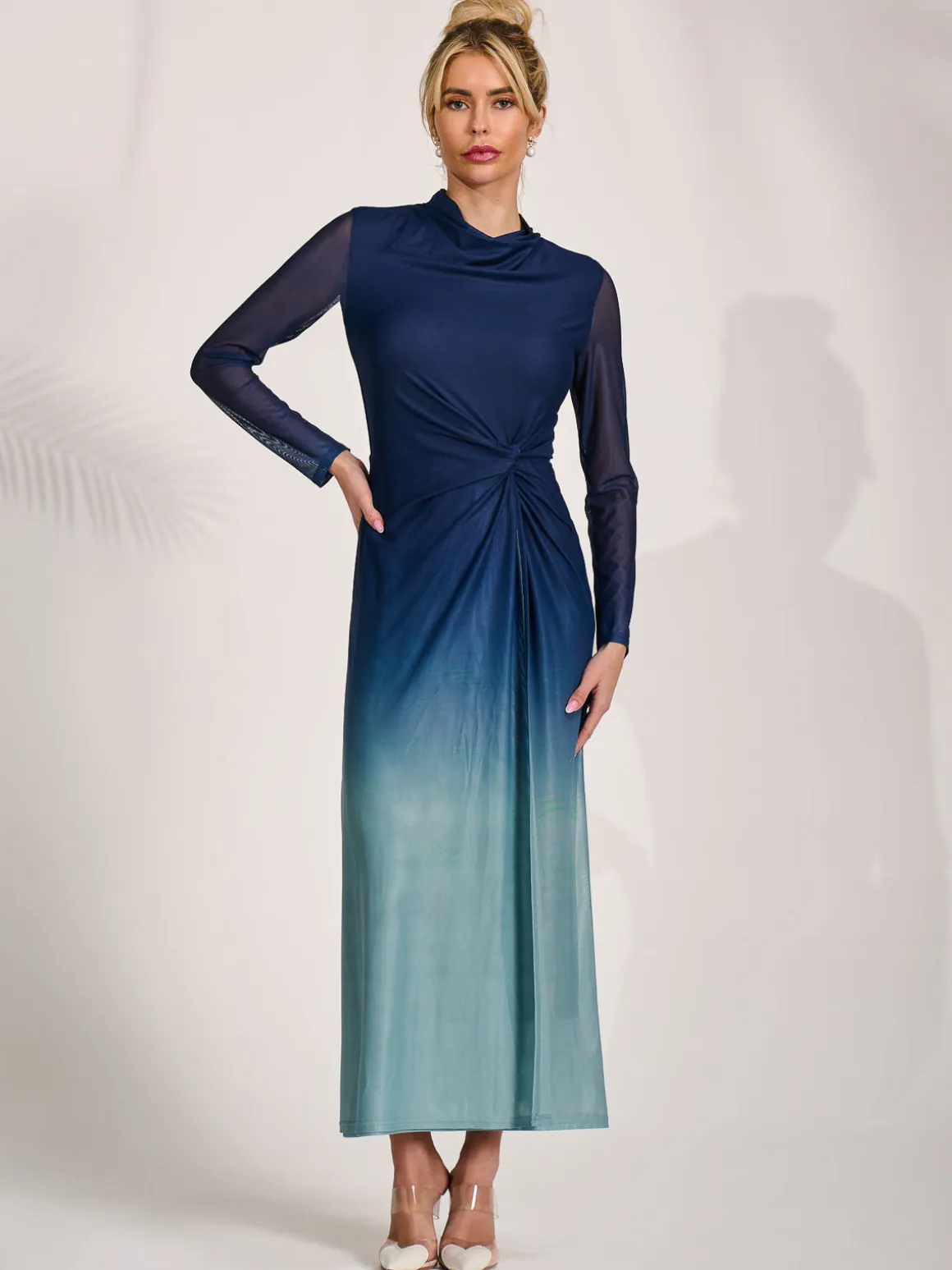 Petite Long Sleeve Mesh Maxi Dress, Green Multi