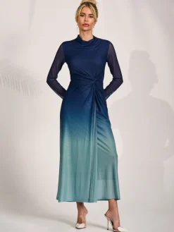 Petite Long Sleeve Mesh Maxi Dress, Green Multi