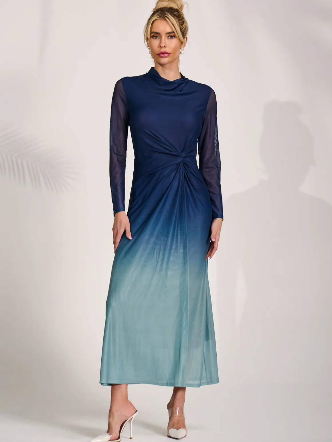 Petite Long Sleeve Mesh Maxi Dress, Green Multi