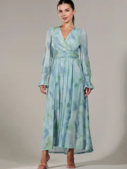 Petite Long Sleeve Mesh Maxi Dress, Green Multi