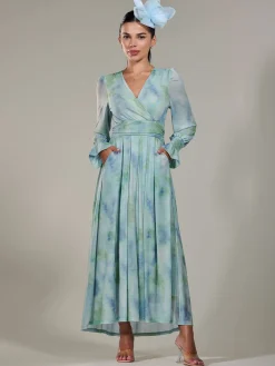 Petite Long Sleeve Mesh Maxi Dress, Green Multi