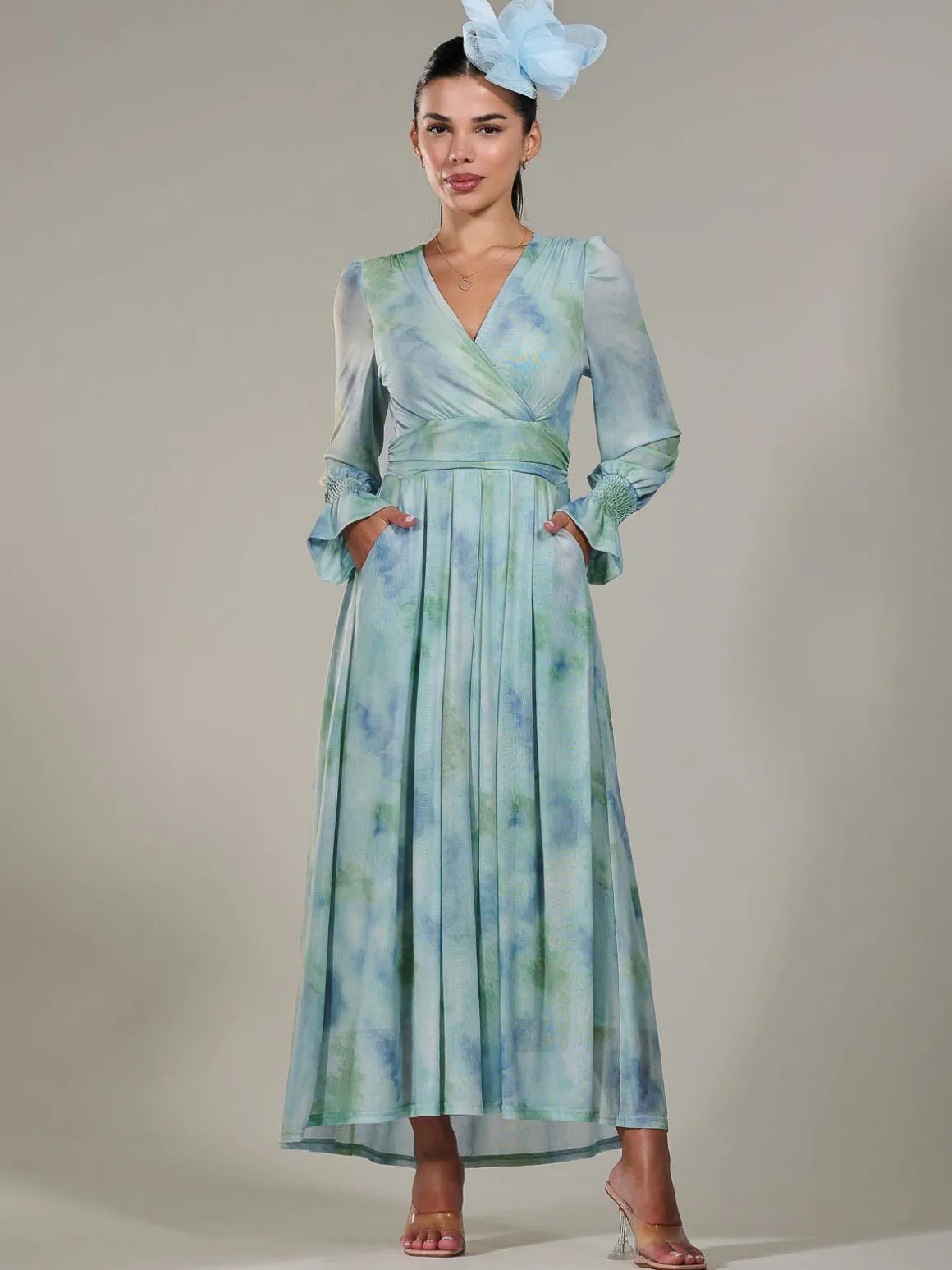 Petite Long Sleeve Mesh Maxi Dress, Green Multi
