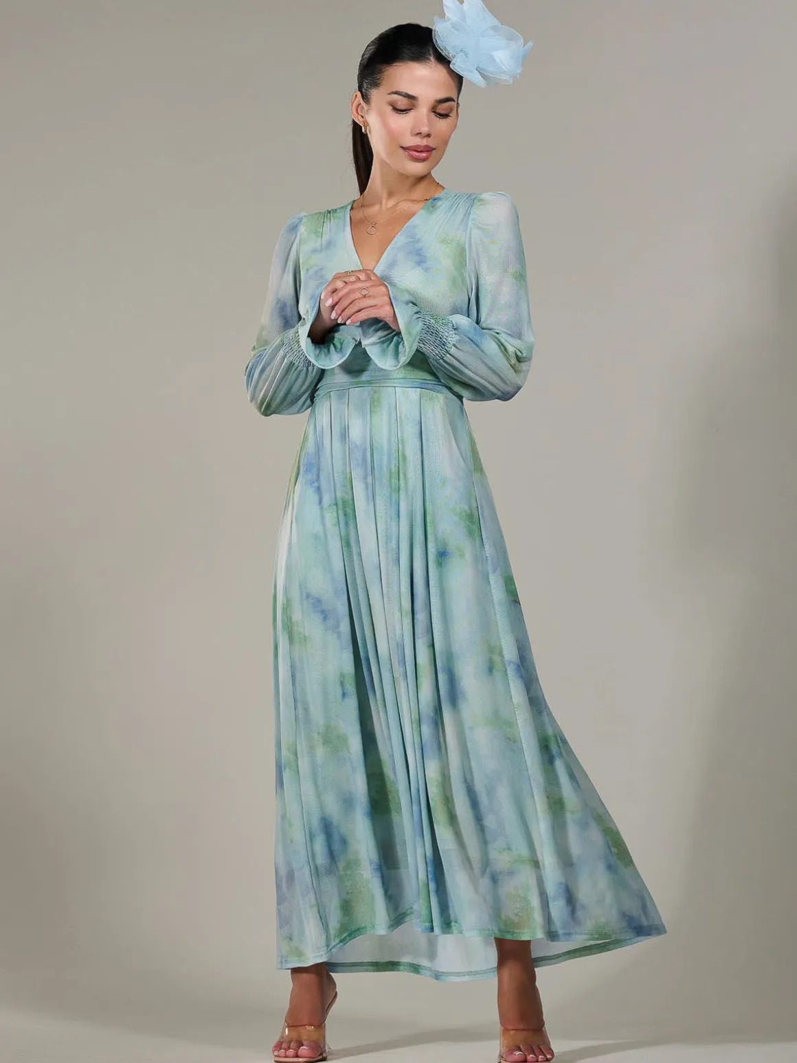 Petite Long Sleeve Mesh Maxi Dress, Green Multi