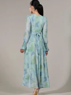 Petite Long Sleeve Mesh Maxi Dress, Green Multi