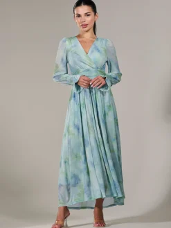 Petite Long Sleeve Mesh Maxi Dress, Green Multi