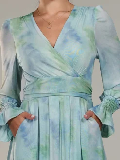 Petite Long Sleeve Mesh Maxi Dress, Green Multi