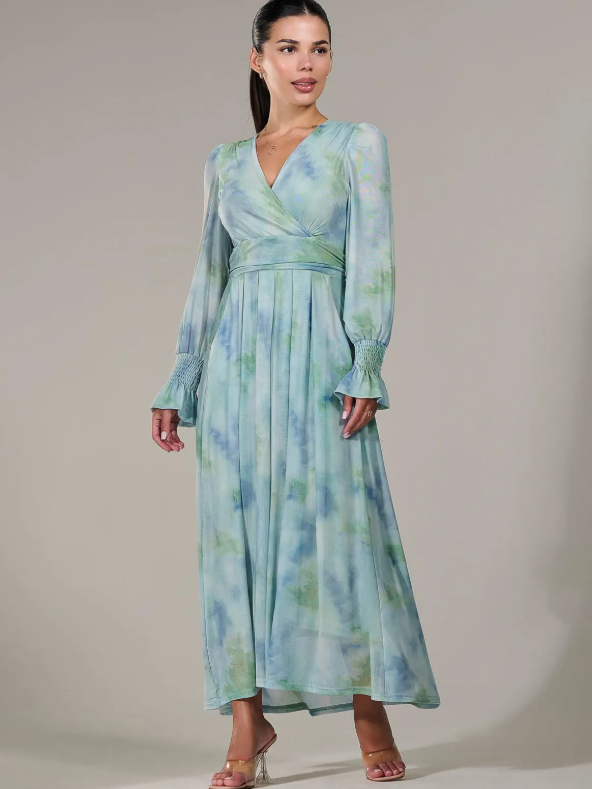 Petite Long Sleeve Mesh Maxi Dress, Green Multi