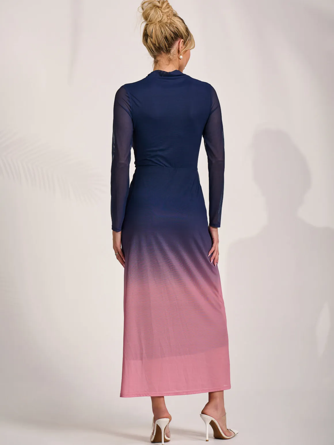 Petite Long Sleeve Mesh Maxi Dress, Pink Multi