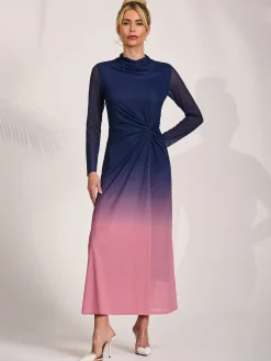 Petite Long Sleeve Mesh Maxi Dress, Pink Multi
