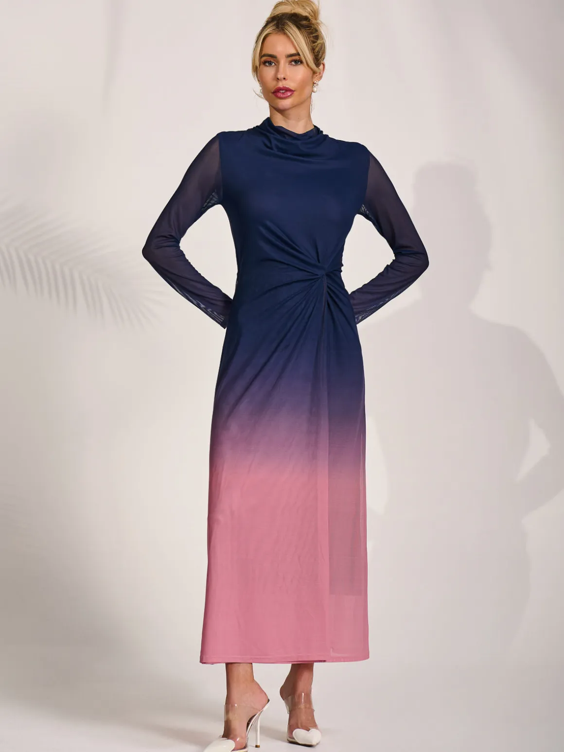 Petite Long Sleeve Mesh Maxi Dress, Pink Multi