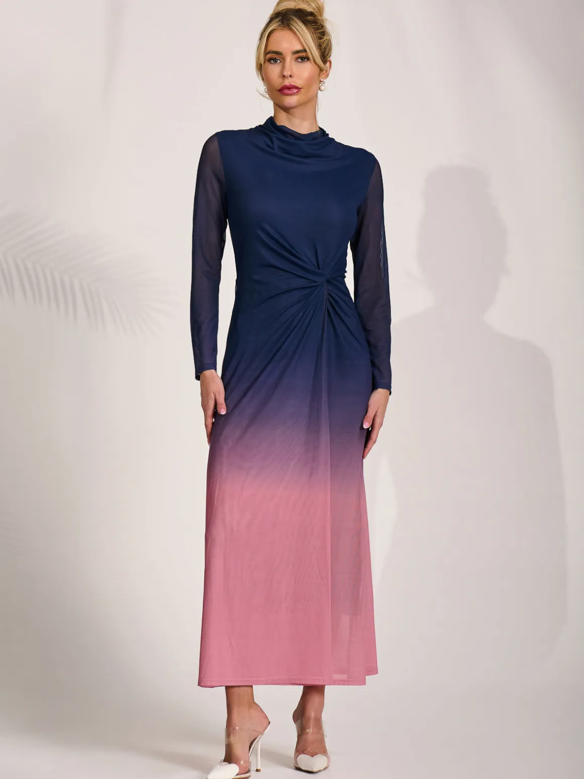 Petite Long Sleeve Mesh Maxi Dress, Pink Multi